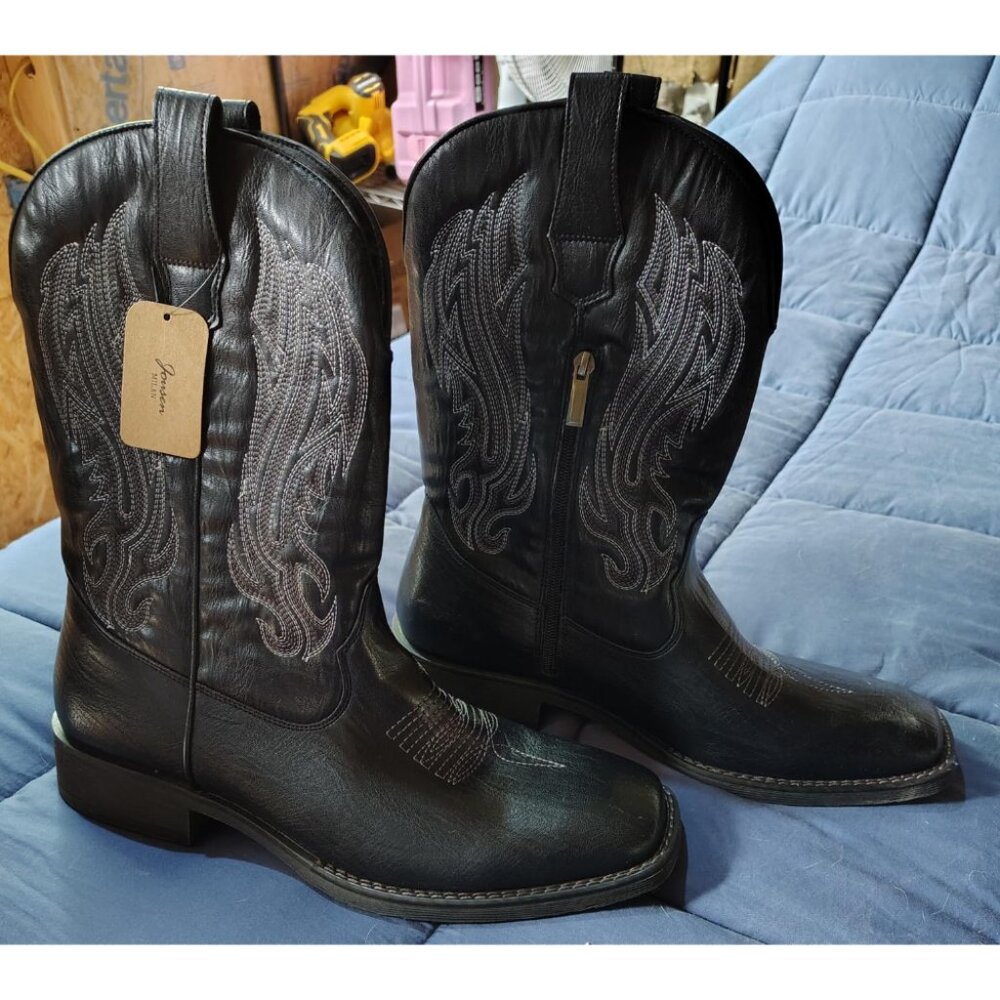 🆕Jousen Mens Amy8420-black Embroidery Retro Square Toe Chunky Heeled Boots - Picture 3 of 12